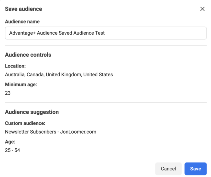 Saved Audiences for Advantage+ Audience